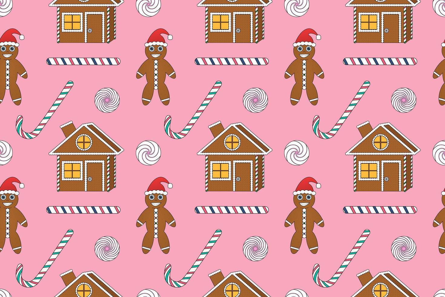 Seamless Christmas pattern featuring gingerbread houses, candy canes, and festive treats. Perfect for holiday wrapping paper and designs. vector