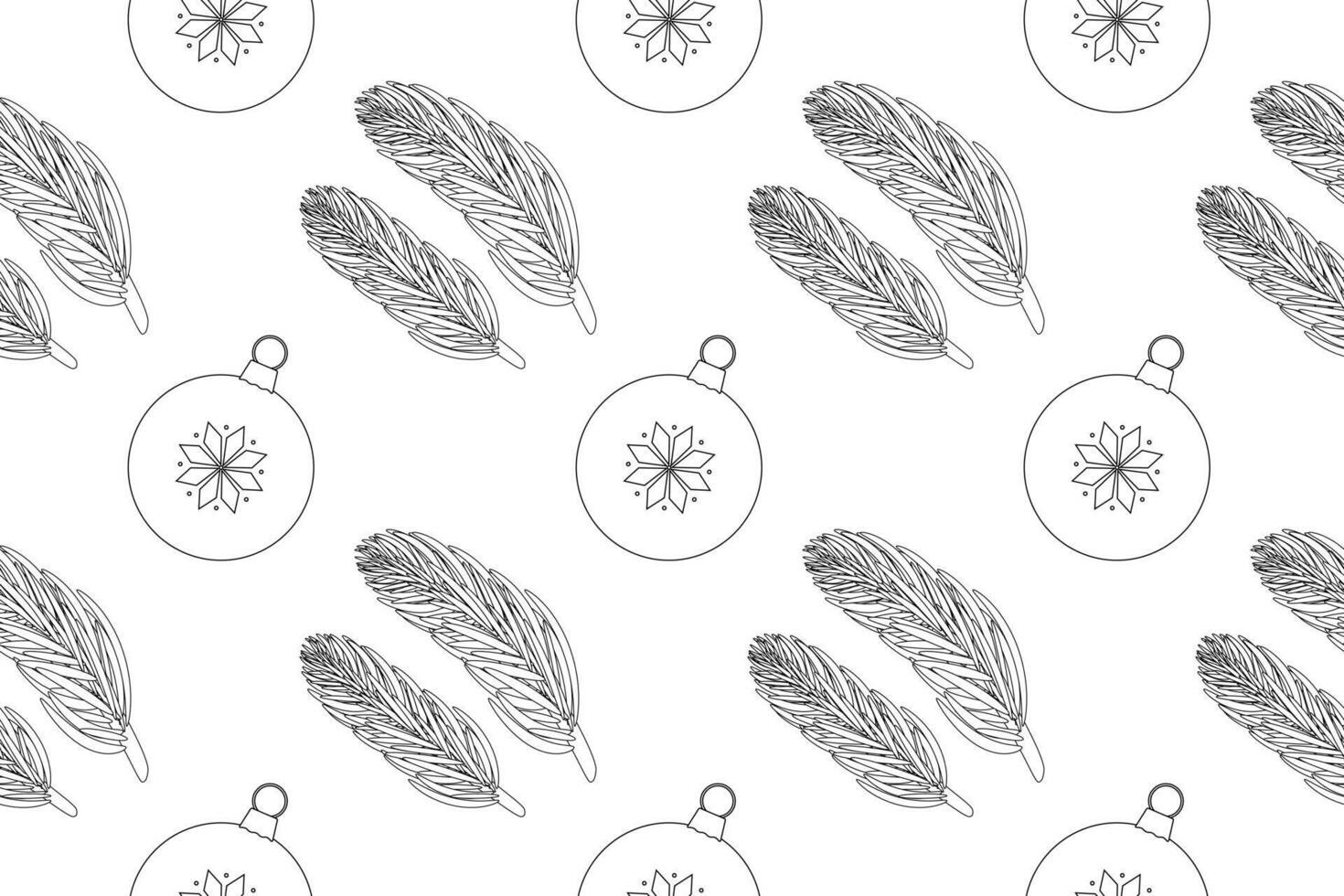 Seamless black-and-white pattern of Christmas ornaments and pine branches. Perfect for coloring pages, holiday decor, and festive designs. vector