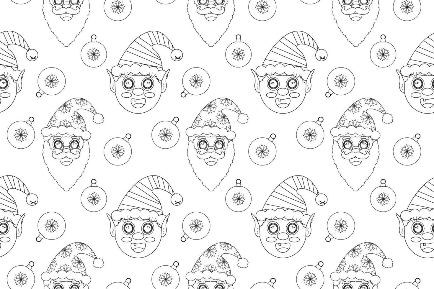 Festive coloring pattern with Santa, elves, and ornaments. Ideal for Christmas and New Years Eve activities. vector