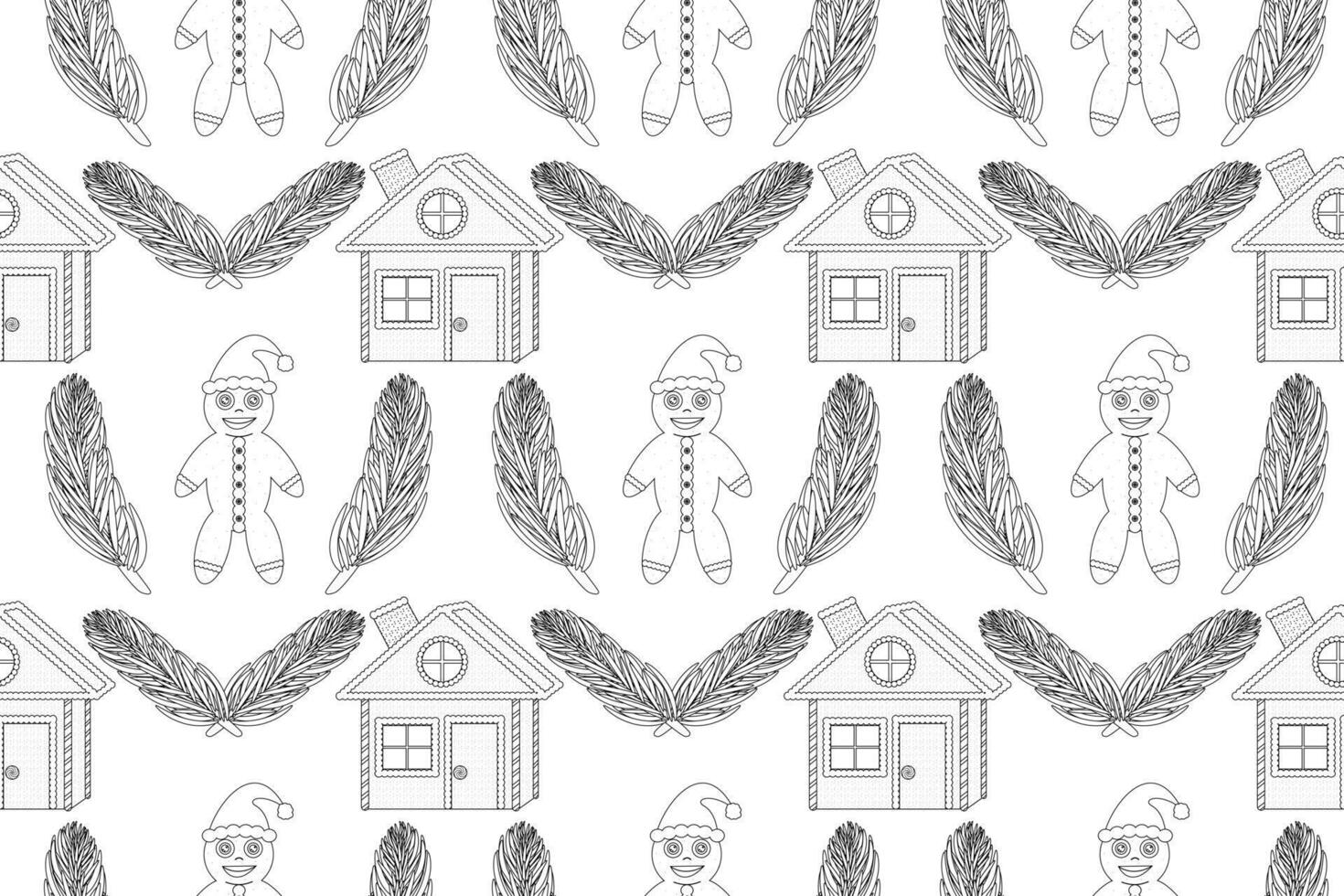Festive Christmas pattern with gingerbread houses, cookies, and pine branches. Perfect for coloring pages and holiday designs. vector