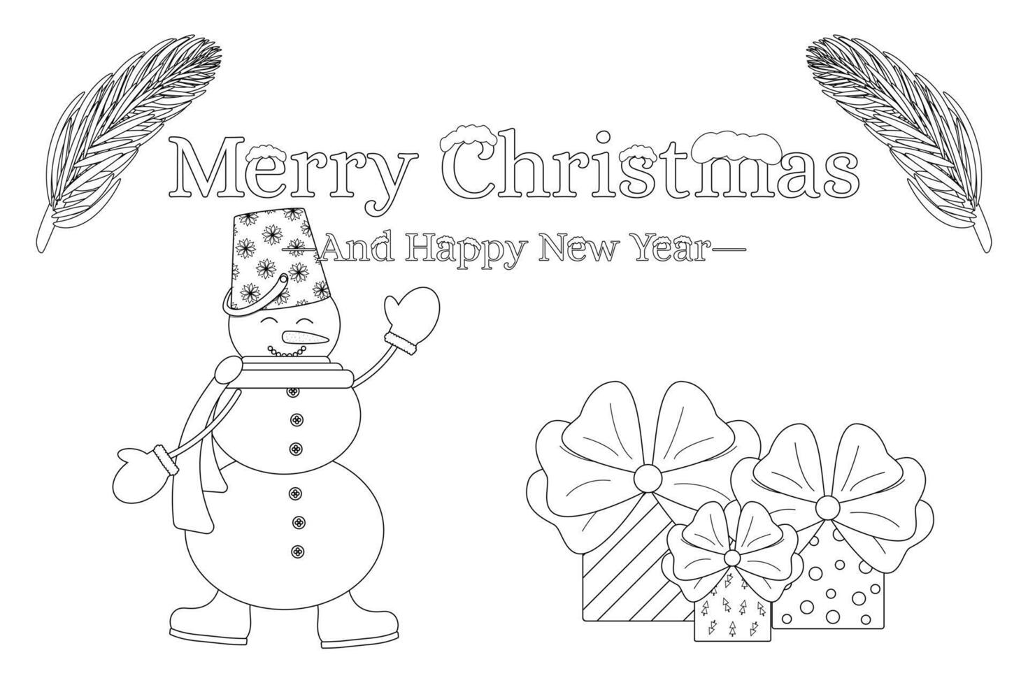 Festive coloring page with a cheerful snowman, holiday gifts, and Merry Christmas text. Perfect for kids and holiday craft activities. vector