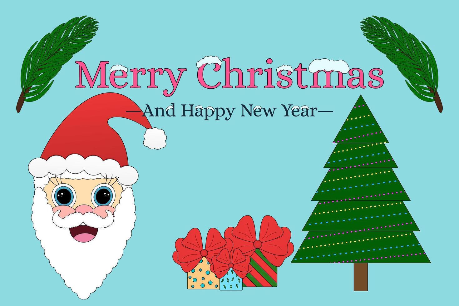 Festive illustration featuring Santa Claus, a decorated Christmas tree, and gift boxes. Perfect for celebrating Christmas and New Year. vector