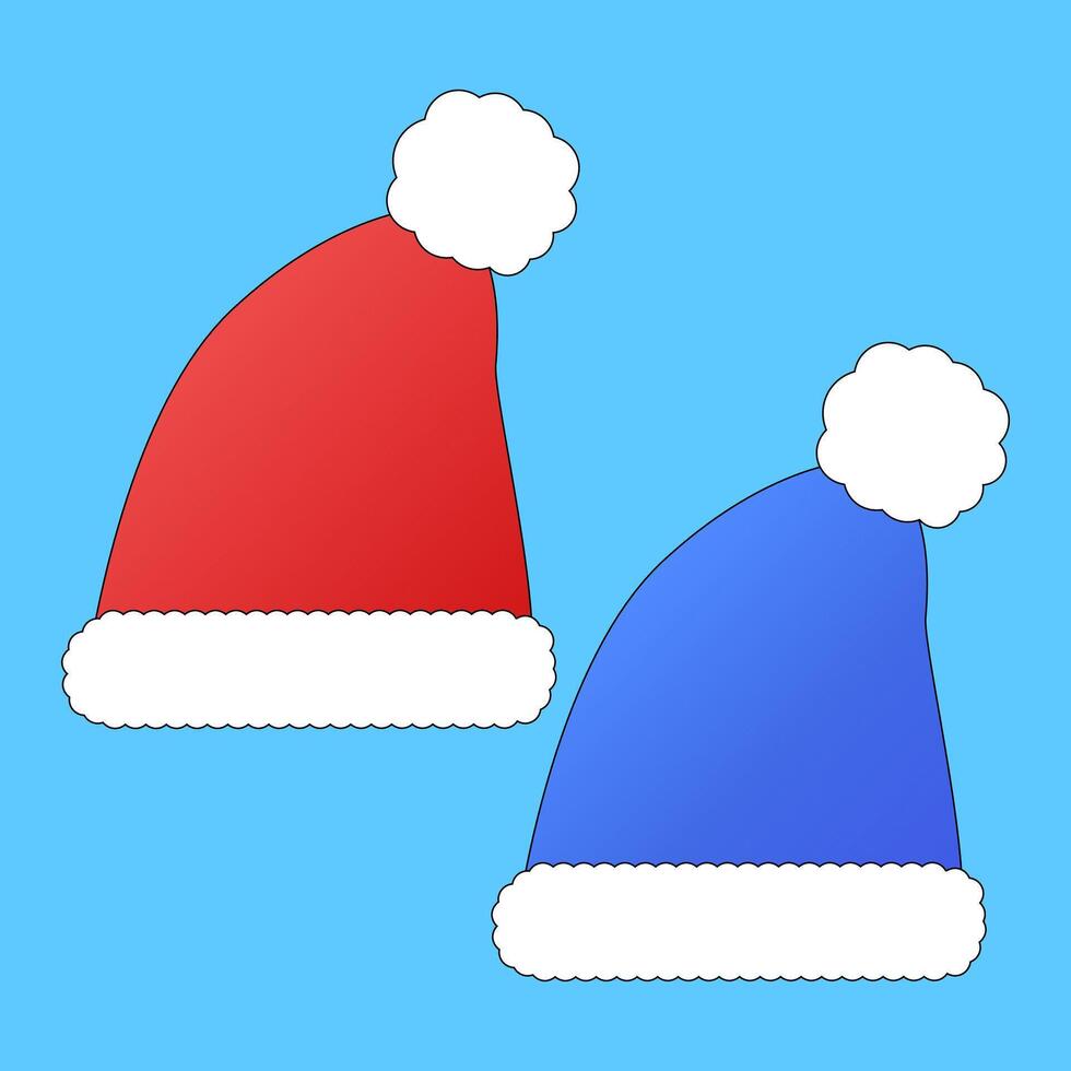 Festive illustration of red and blue Santa hats with white fur trim. Perfect for Christmas and New Year designs and decorations. vector