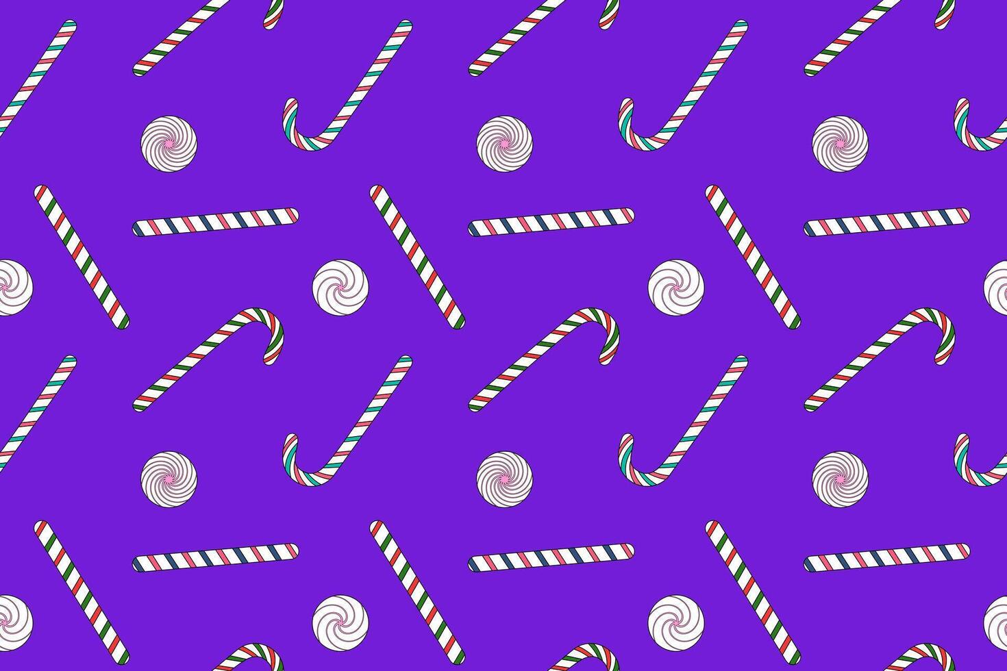 Festive seamless pattern with colorful candy canes and round peppermint candies, perfect for Christmas and New Years designs. vector