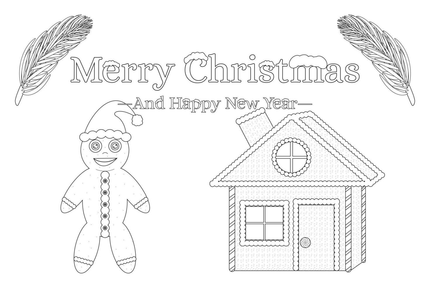 Fun Christmas coloring page featuring a gingerbread man, house, and festive greeting. Perfect for holiday coloring activities for kids and adults. vector
