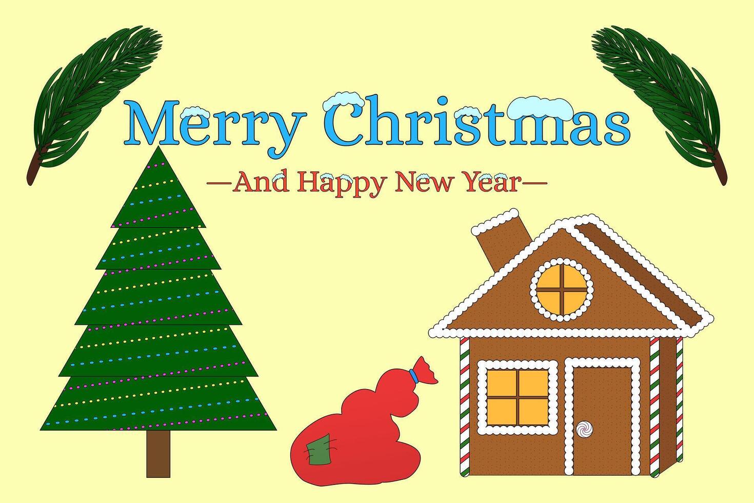 Festive Christmas with gingerbread house, decorated tree, and holiday greetings. Perfect for seasonal projects and designs. vector