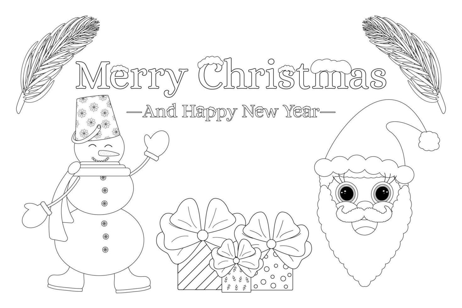 Festive Christmas and New Year coloring page featuring Santa, a cheerful snowman, and holiday gifts. Perfect for kids activities. vector