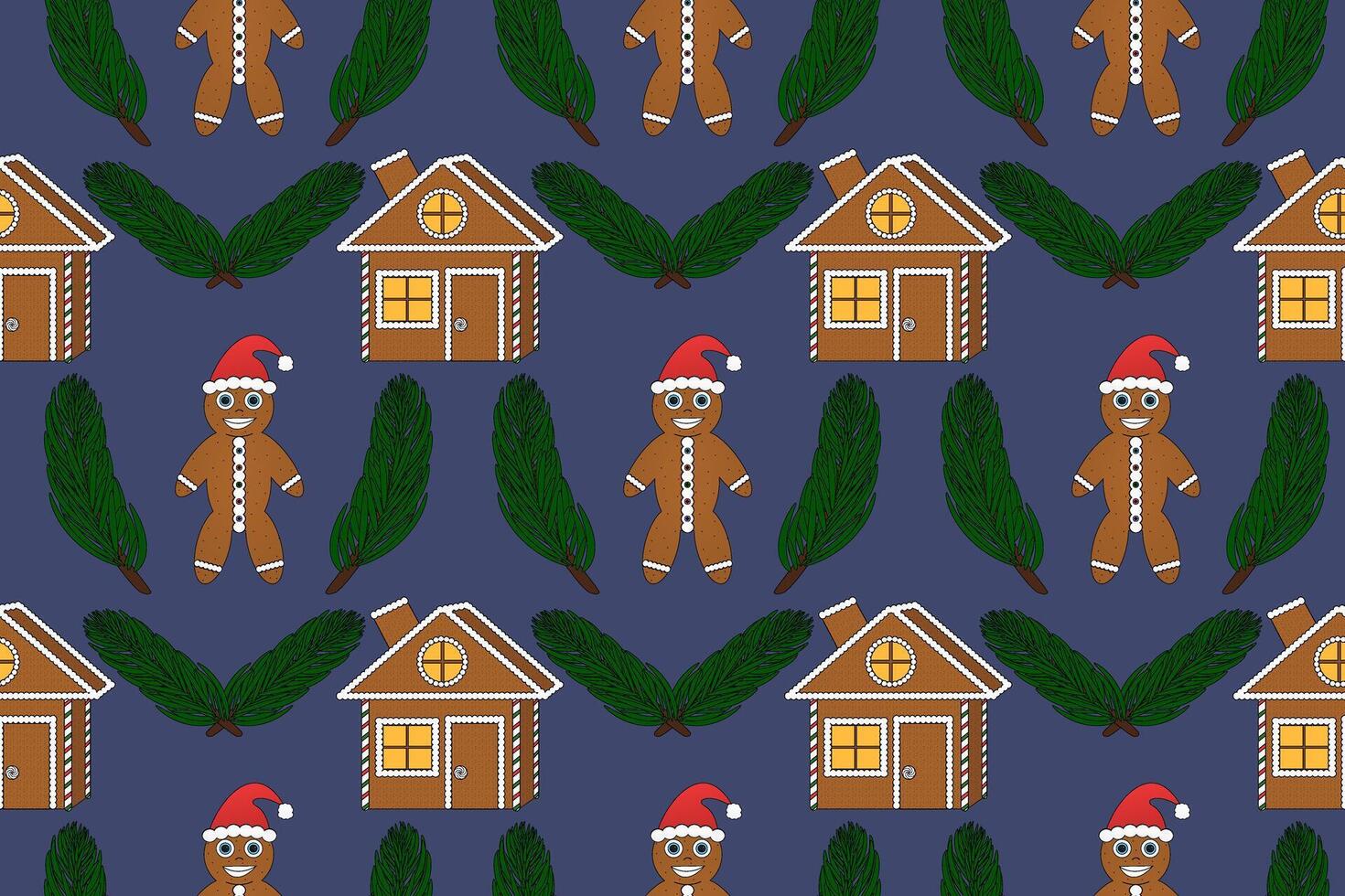 Festive seamless pattern featuring gingerbread men, houses, and pine branches. Perfect for Christmas and New Years decorations. vector