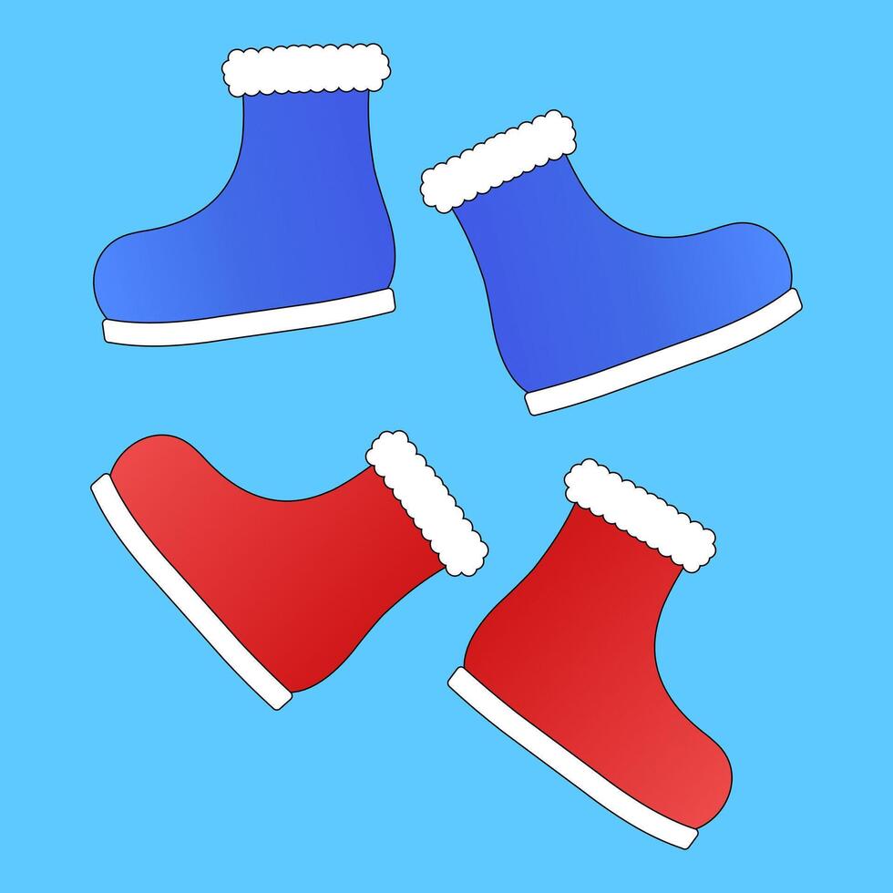 Festive winter boots with fur trim in red and blue. Perfect for Christmas and New Years designs, cards, and holiday decor. vector
