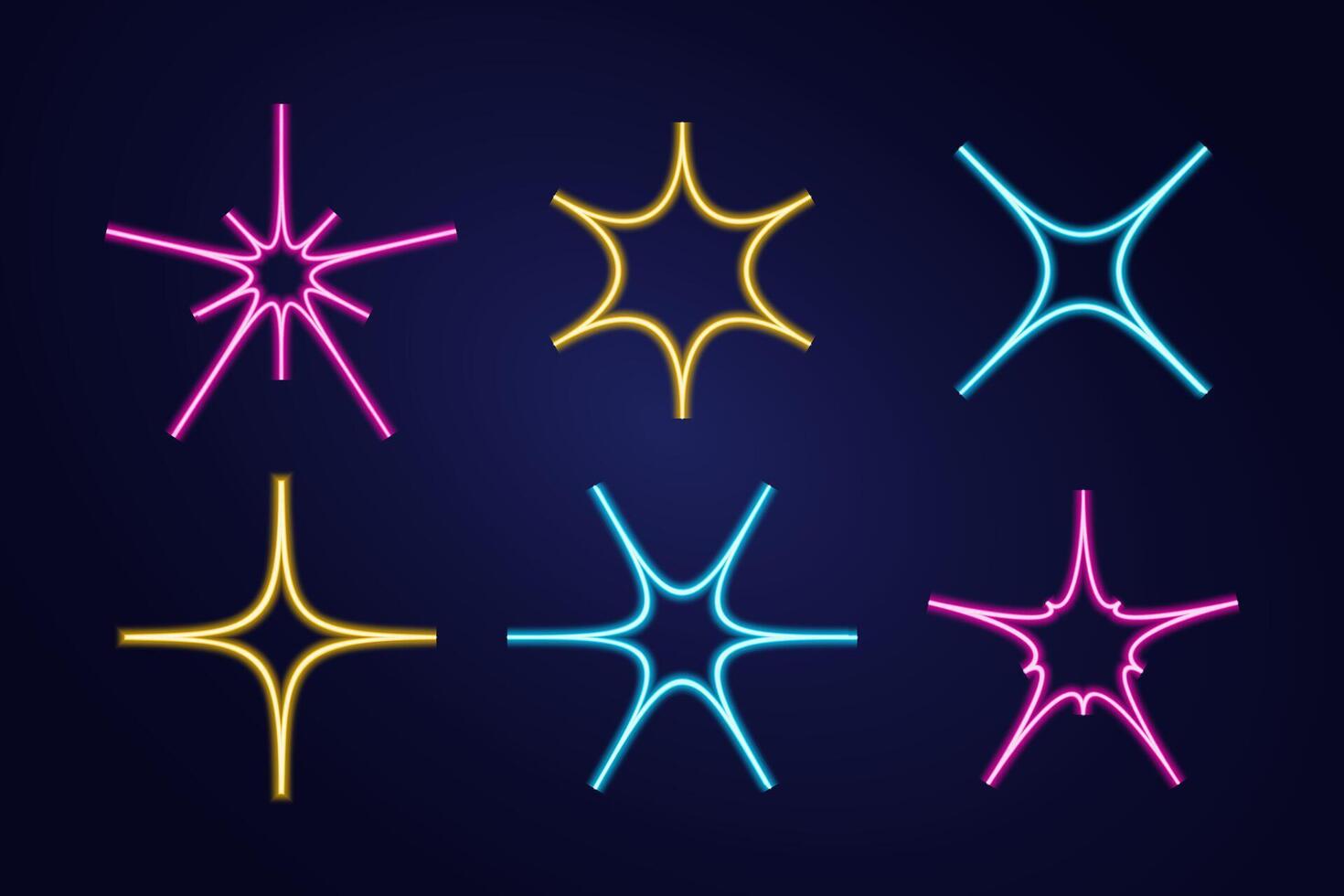 Set Neon Sparkles, Glitters. Collection of fluorescent angular Stars. Shimmer, shine. Illuminated Glitter. Shining abstract shapes. Electric light. Sign y2k aesthetics. Isolated. illustration. vector