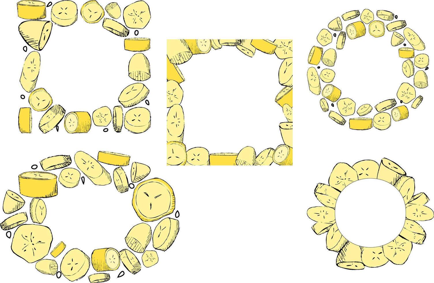Fruit frame set. Banana slices different frames. background. Cartoon graphic stile vector