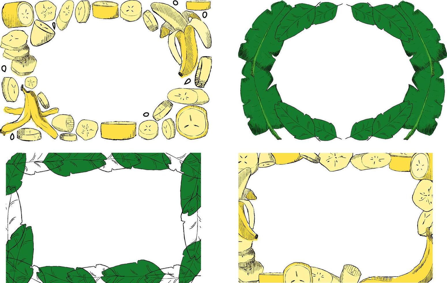 Set rectangle frames with tropical leaves and bananas. Template for invitations, wedding and any design . Frame rectangle graphic cartoon vector
