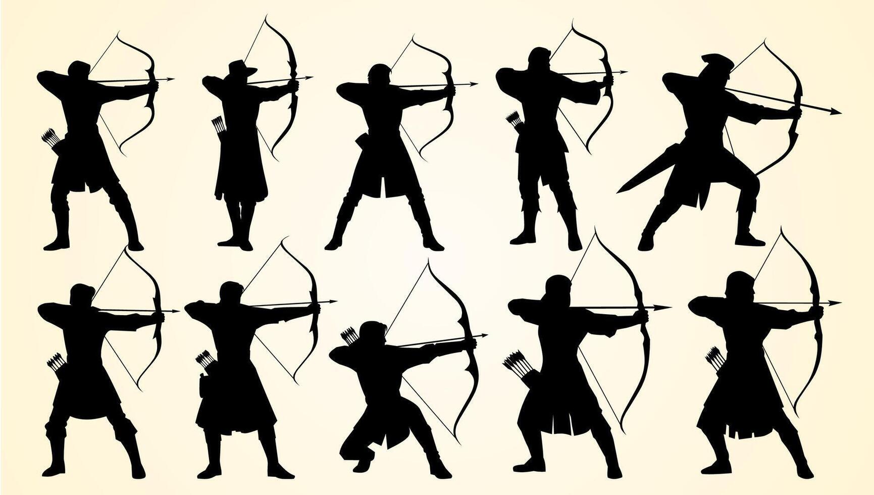 Silhouettes of archers in various stances, drawing bows and aiming arrows. vector