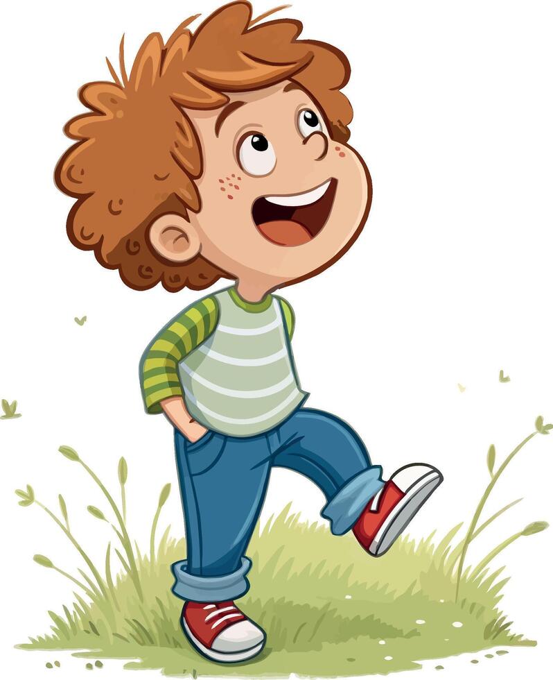 Happy child looking up with joy and wonder while walking in nature vector