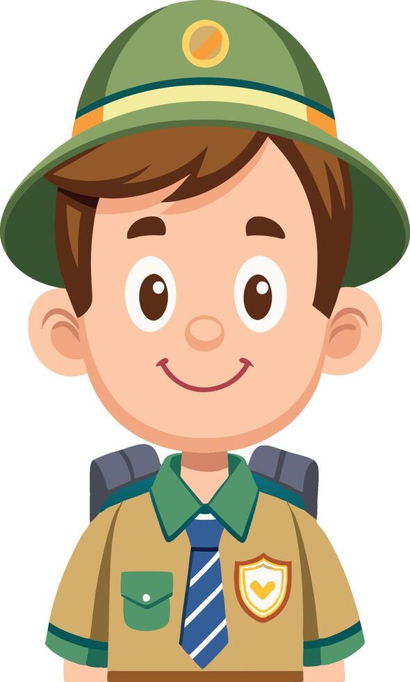 Young forest ranger smiling and wearing backpack ready for adventure vector