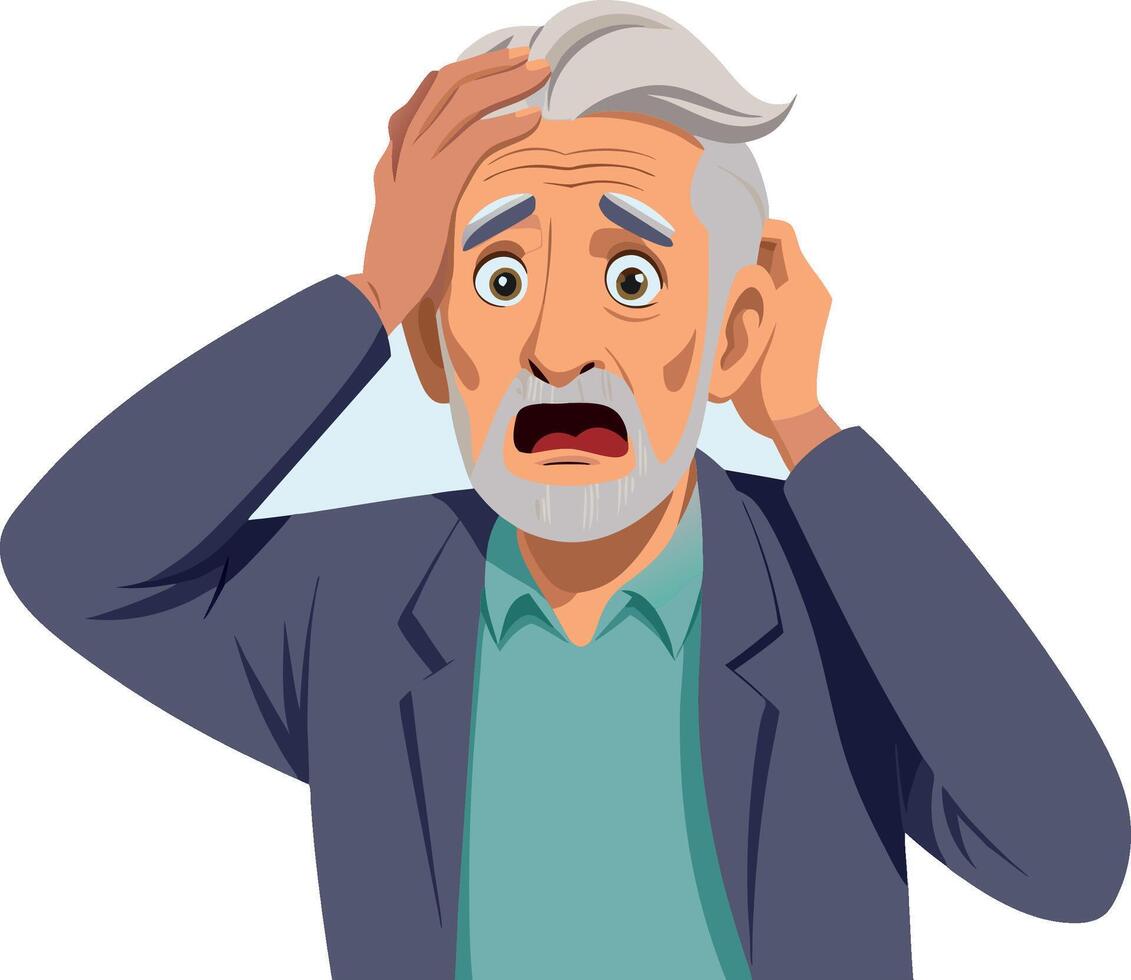 Shocked senior professor holding head in disbelief vector