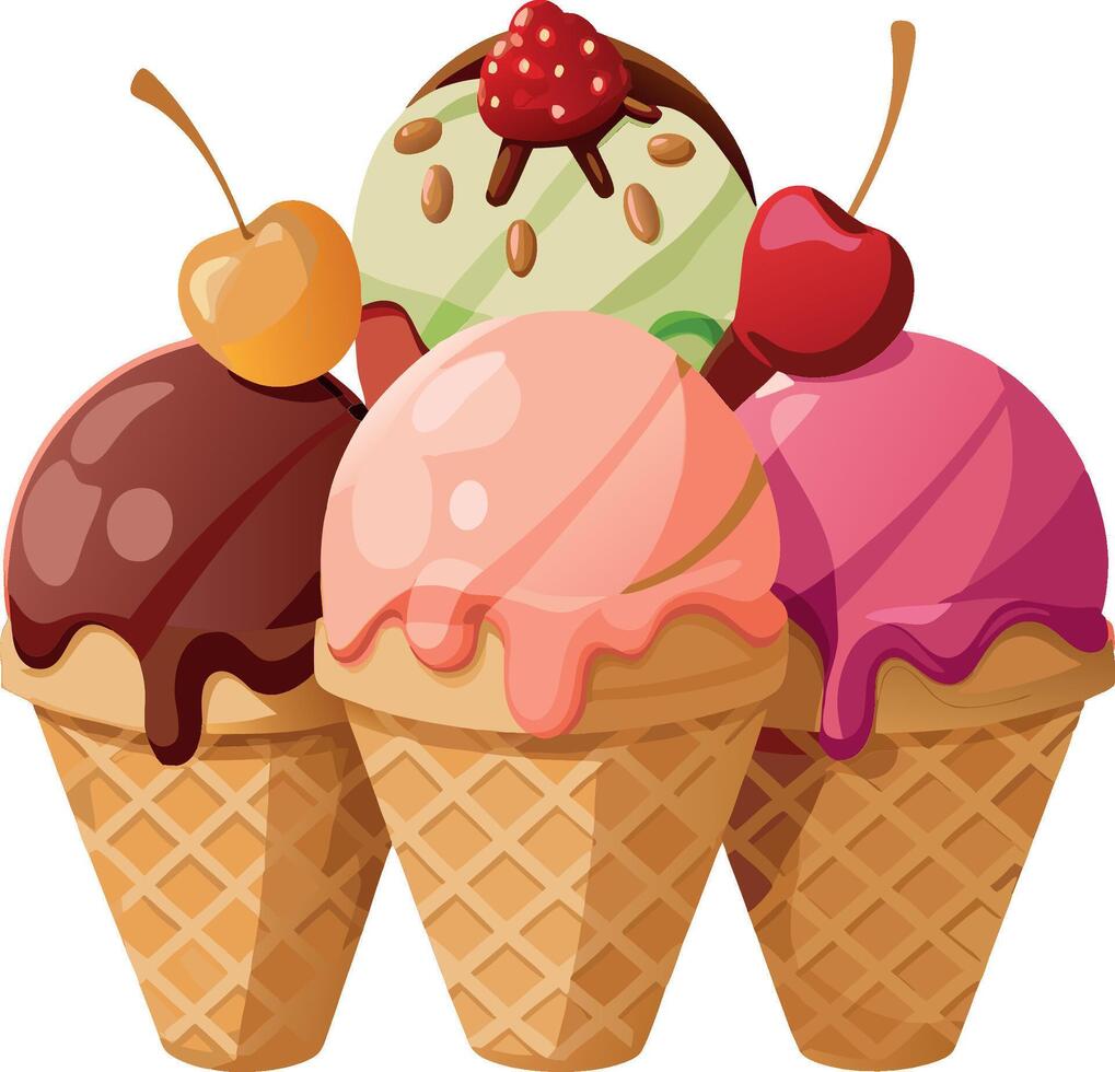 Delicious ice cream cones melting on a hot summer day vector