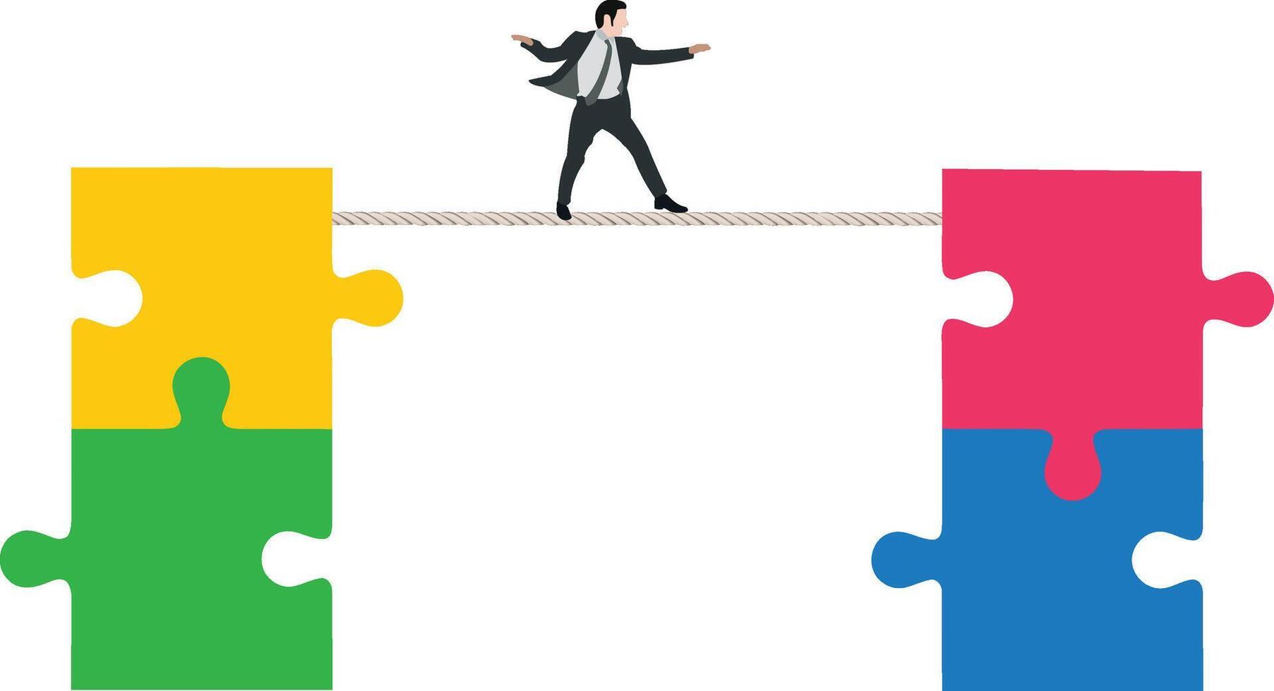 Businessman walking on tightrope between two puzzle pieces vector