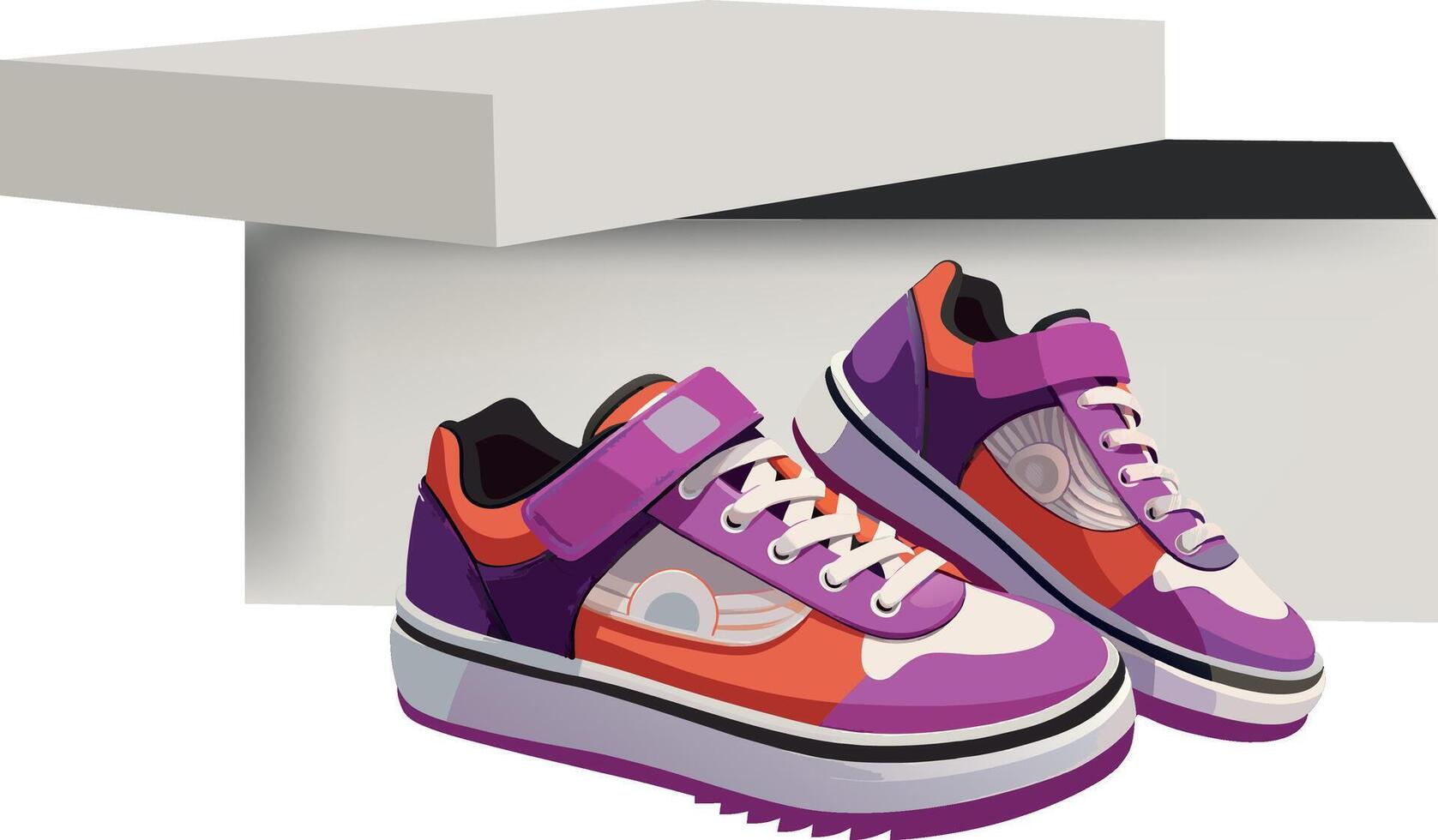 Pair of new colorful sneakers coming out of box vector