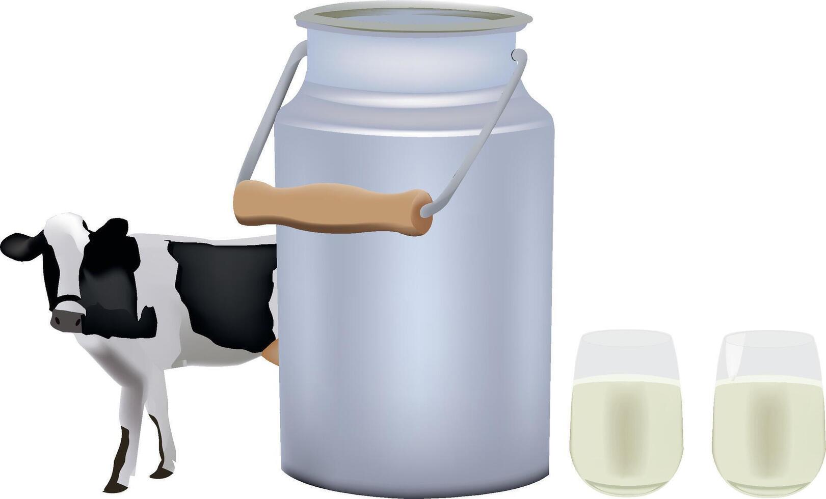 A milk jug and glass of milk next to a cow vector