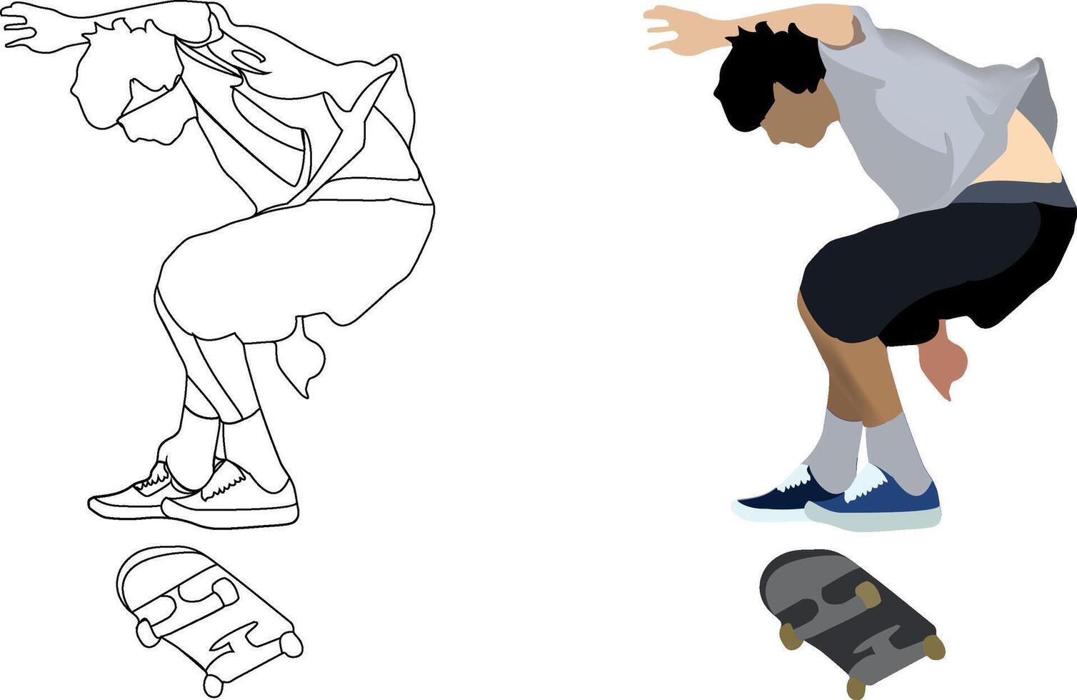 A cartoon drawing of a skateboarder doing a trick vector