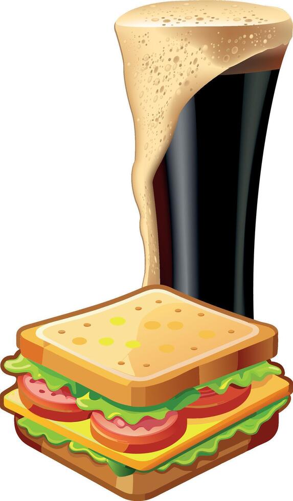 Overflowing dark beer glass and tasty toast sandwich with lettuce, tomato and cheese vector