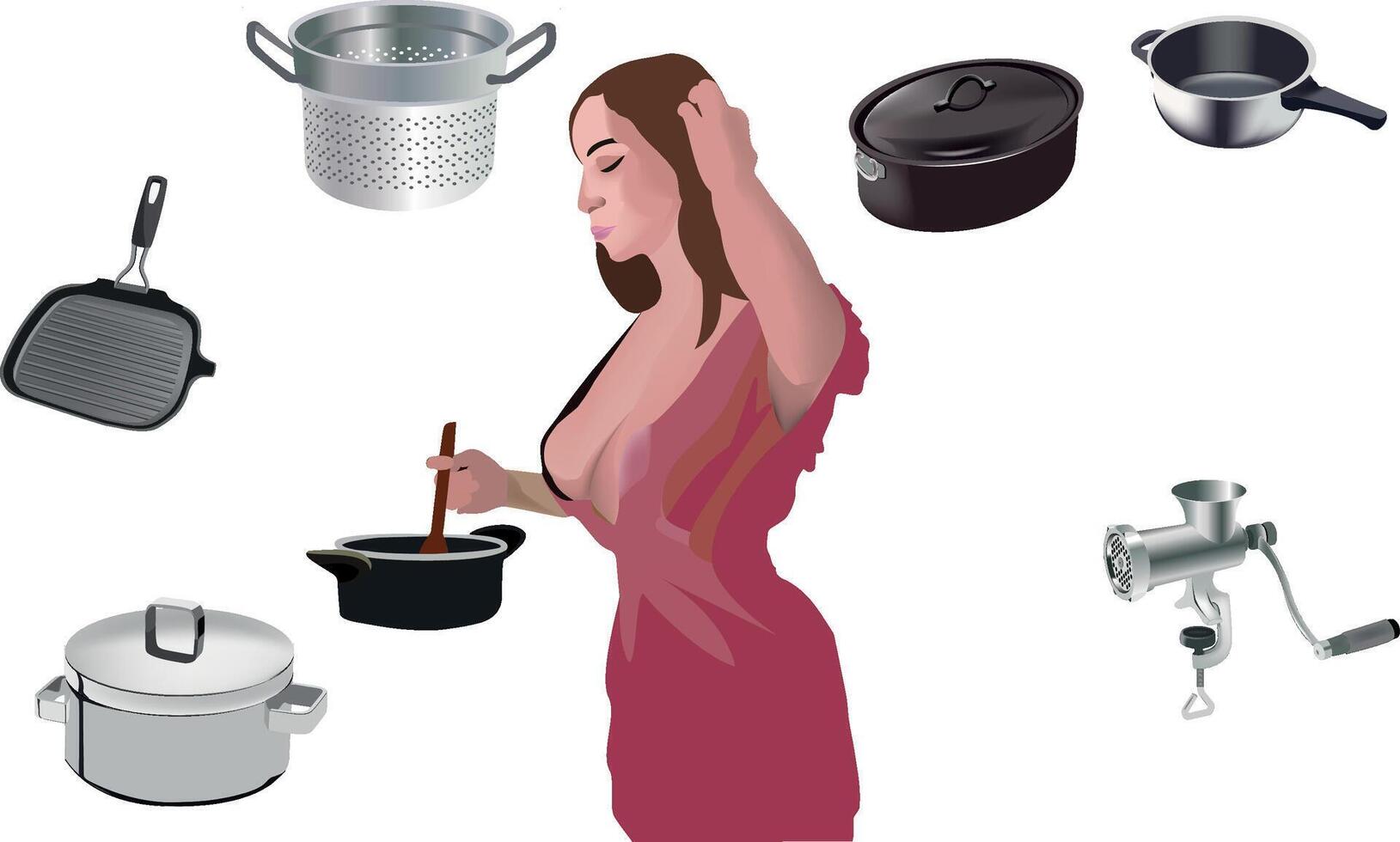 A woman is standing in front of a kitchen set vector