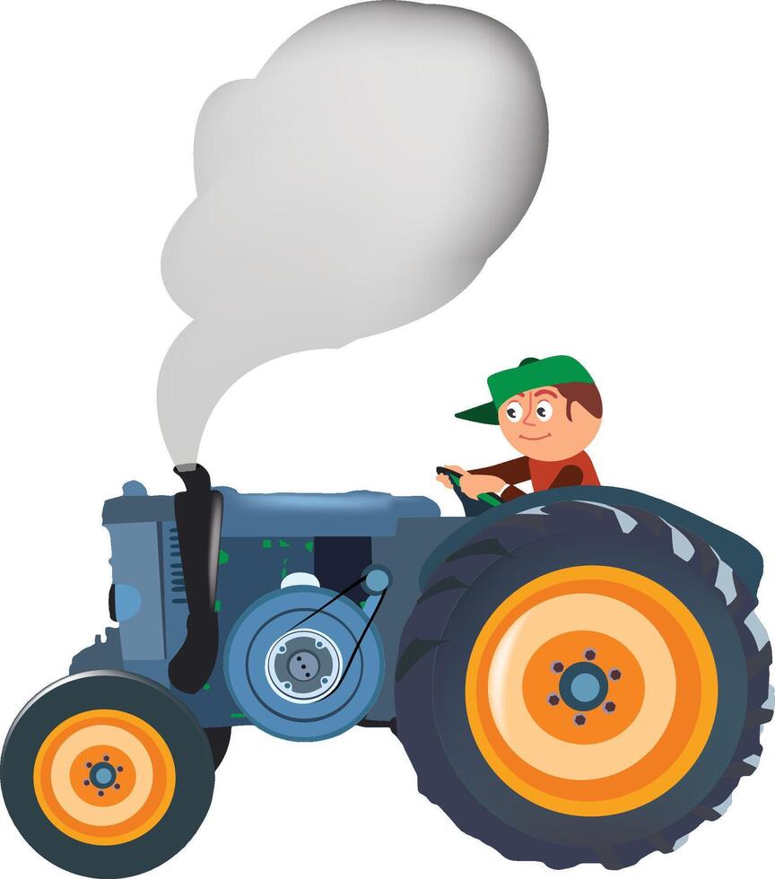 Farmer driving a smoking tractor in countryside illustration vector