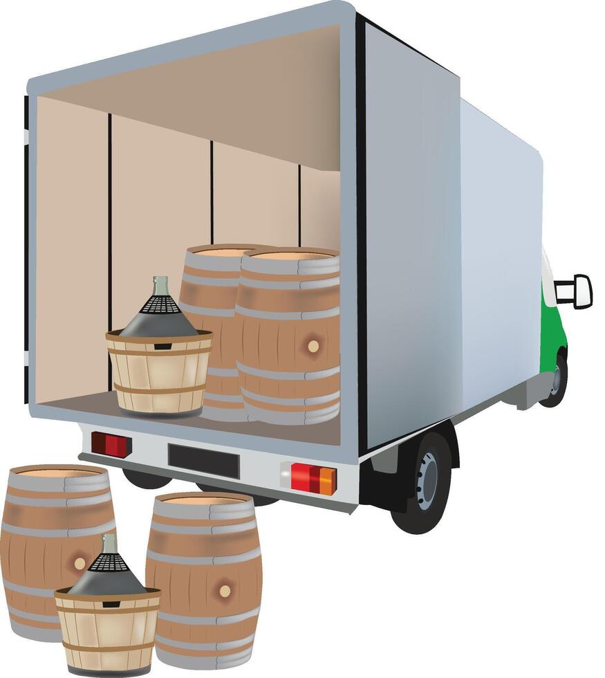 A truck with barrels in the back and a green trailer vector