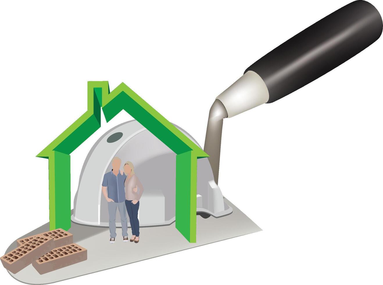 A couple is standing in front of a house with a shovel vector