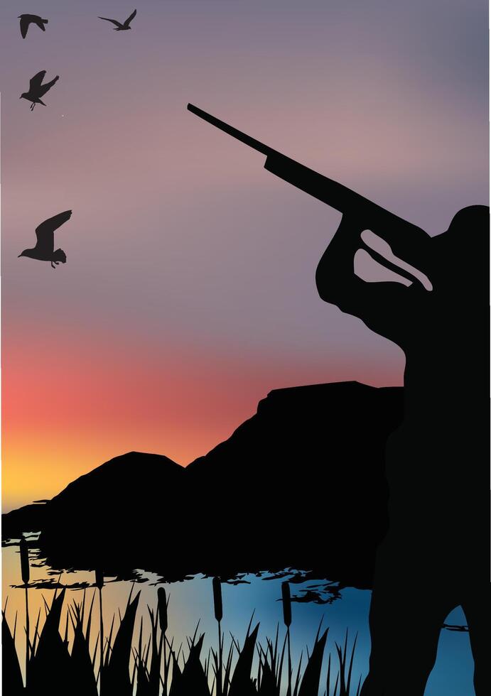 A silhouette of a man with a gun and birds in the background vector