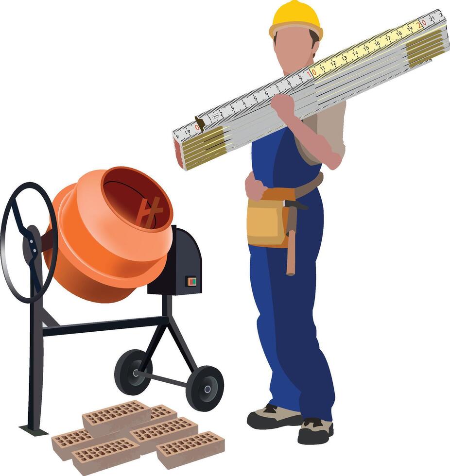 Construction worker holding folding ruler and cement mixer with bricks vector