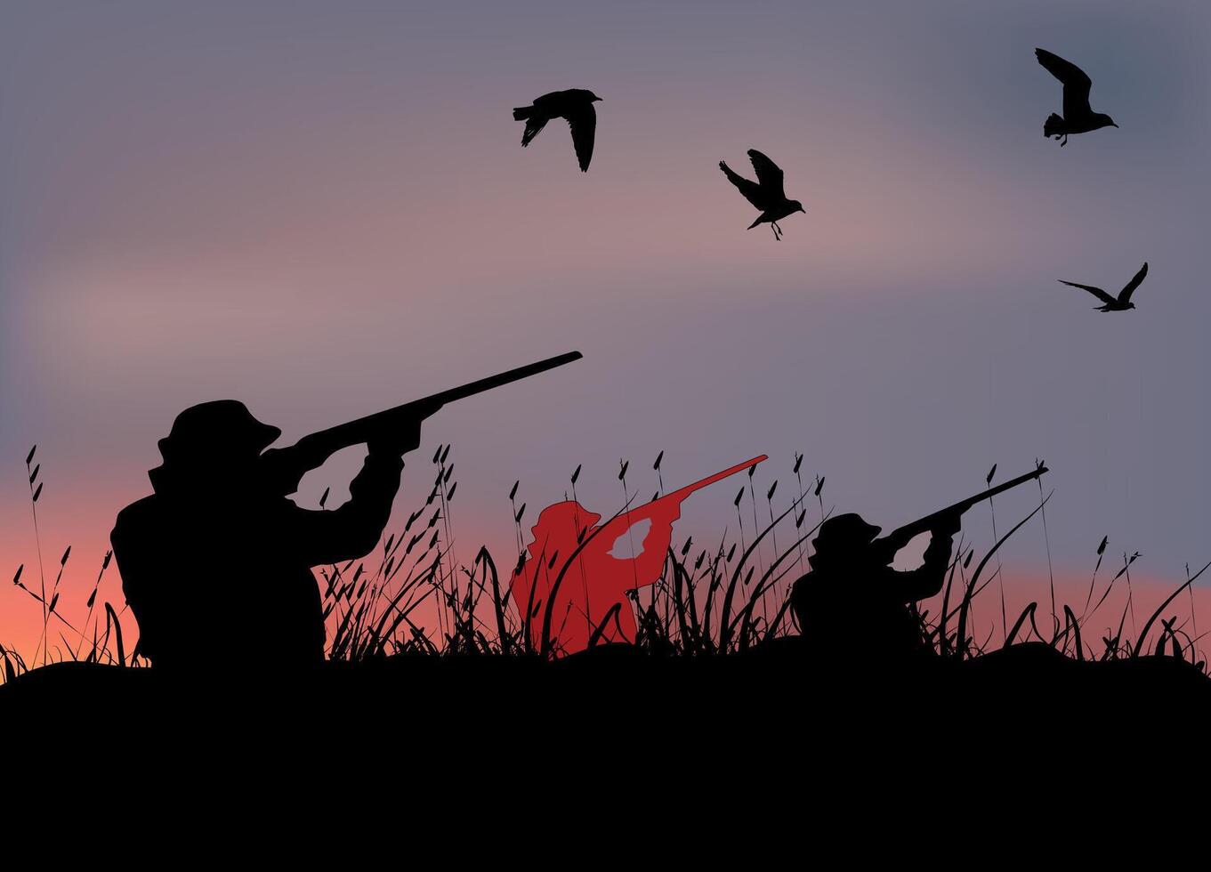 Hunting silhouette with two men and birds vector