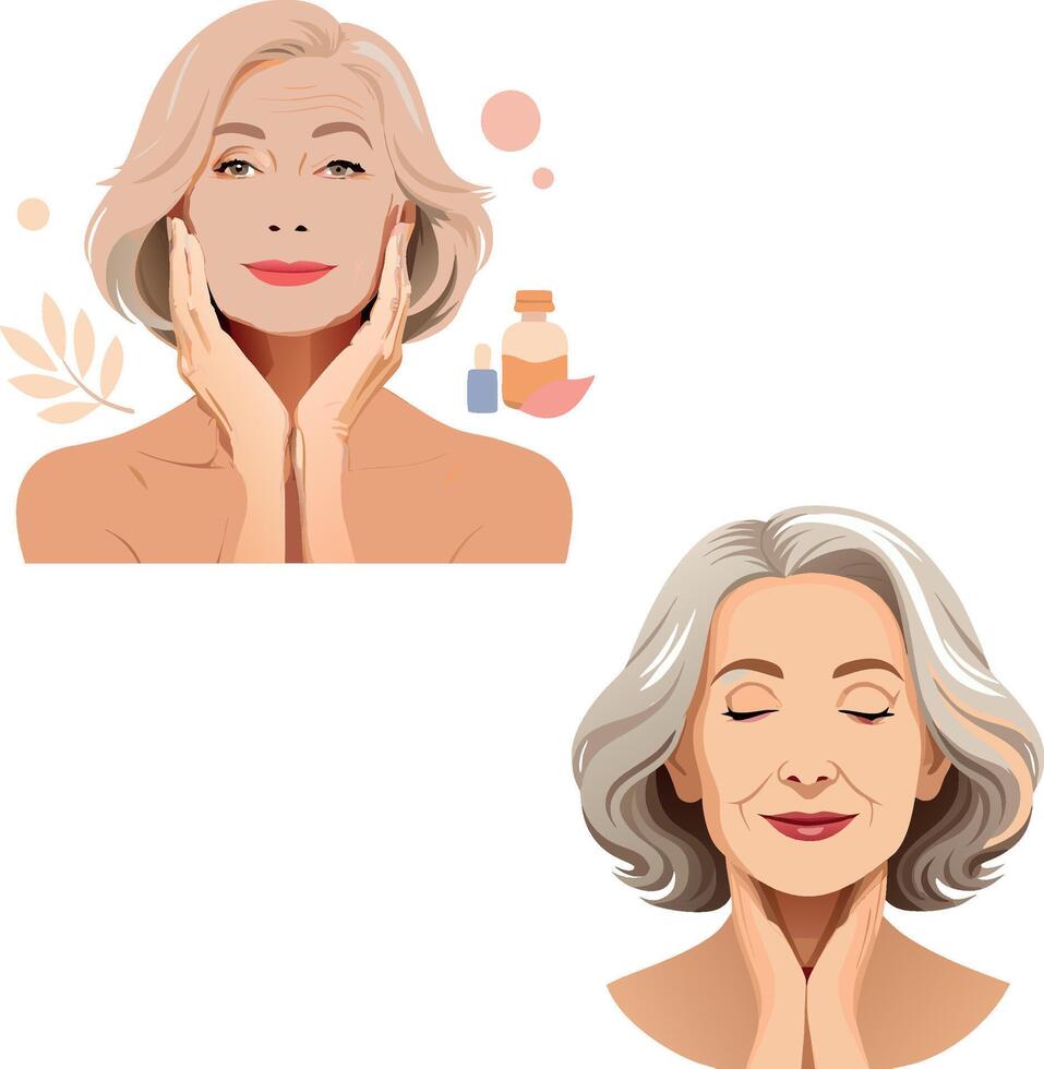 Senior woman applying anti aging cream for skincare routine vector