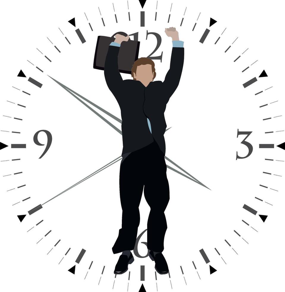 Businessman celebrating with briefcase over clock, time management and success vector