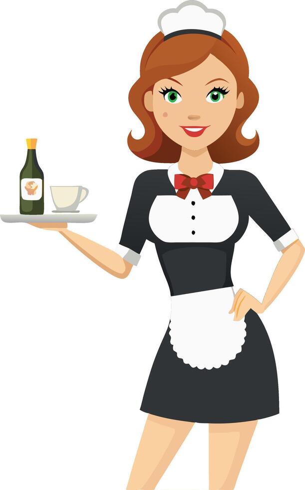 Smiling maid holding a tray with wine bottle and glass vector