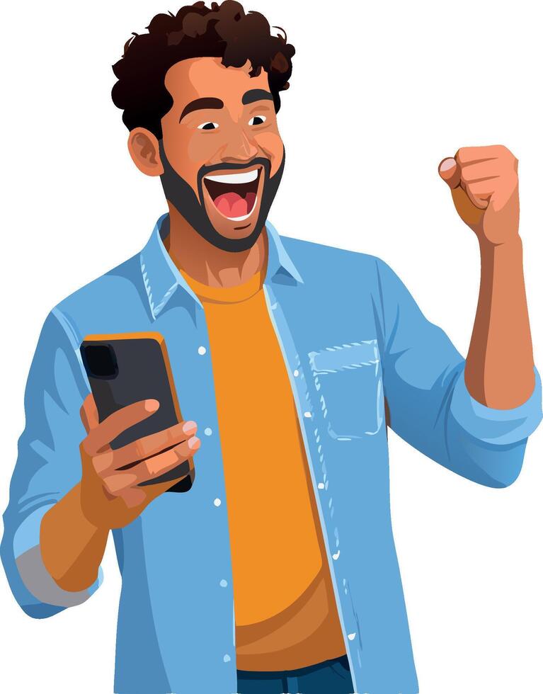 Excited man holding smartphone and raising fist in celebration vector