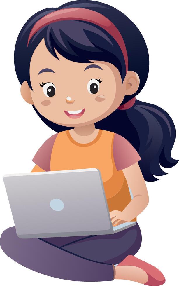 Young woman sitting cross legged using laptop with smile vector