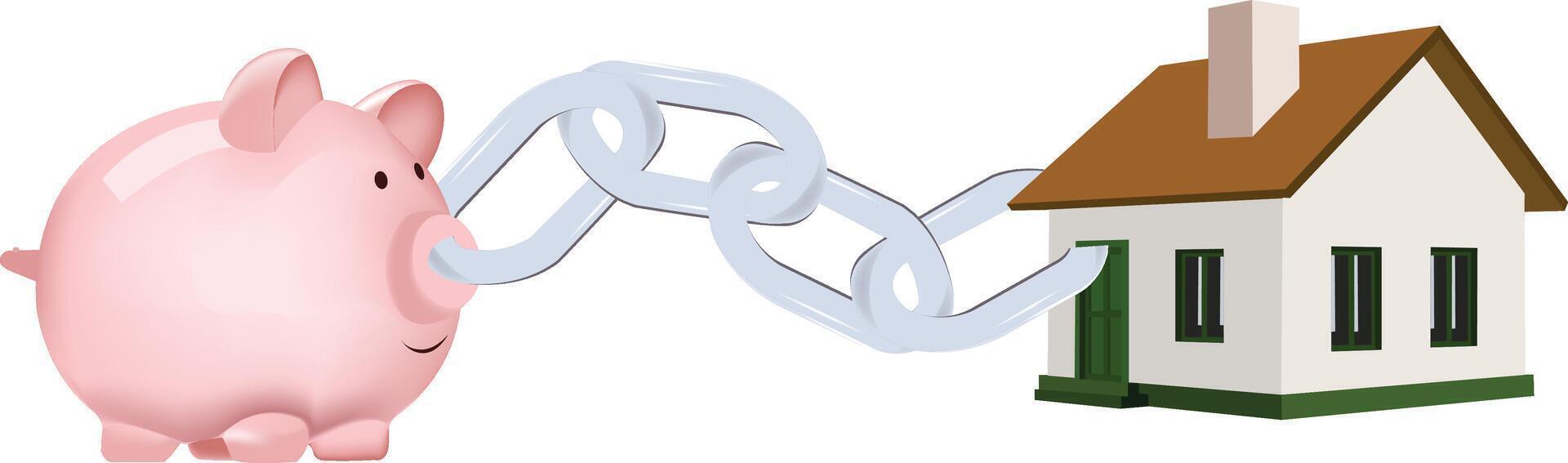 Piggy bank pulling chain attached to house representing savings for homeownership vector