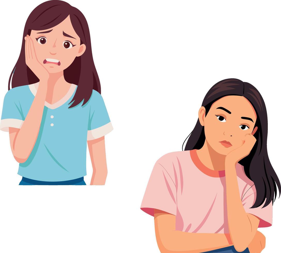 Young women feeling toothache and boredom, portraits expressing discomfort and apathy vector