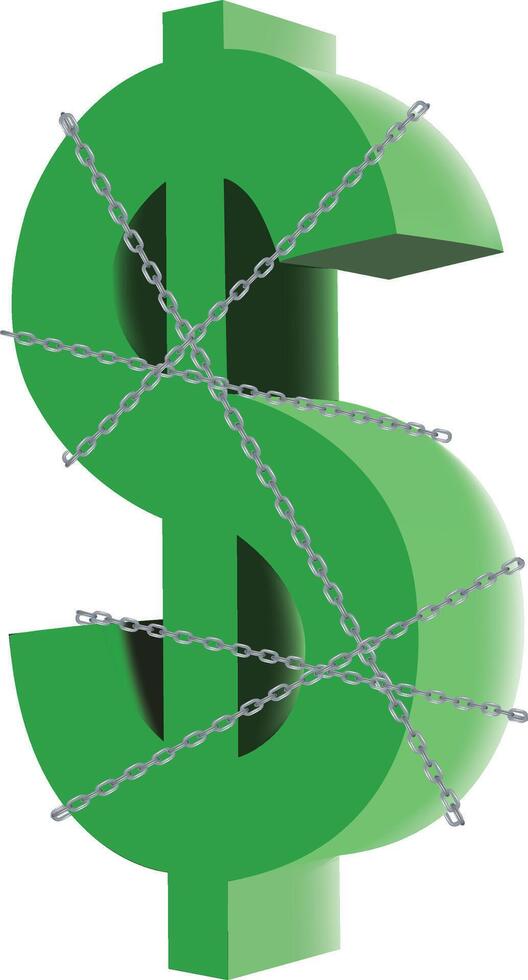 Green dollar symbol wrapped in metal chains representing financial restrictions vector