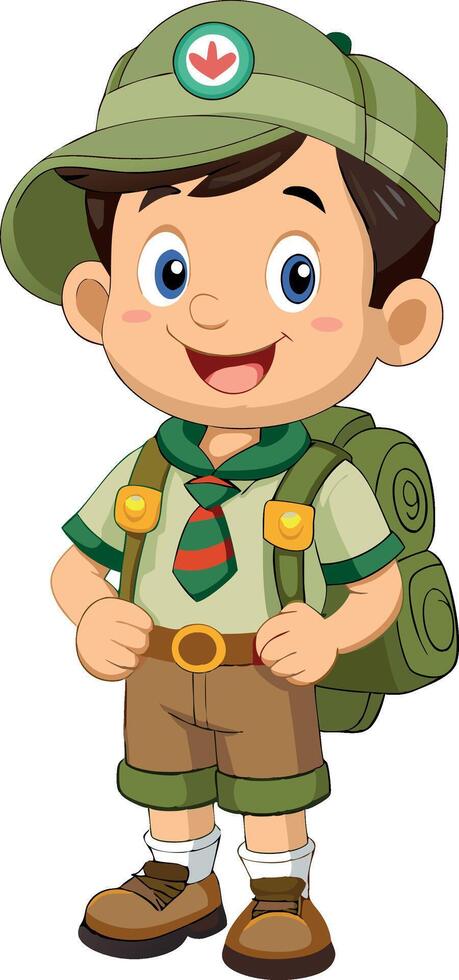 Young happy scout smiling wearing uniform and backpack vector