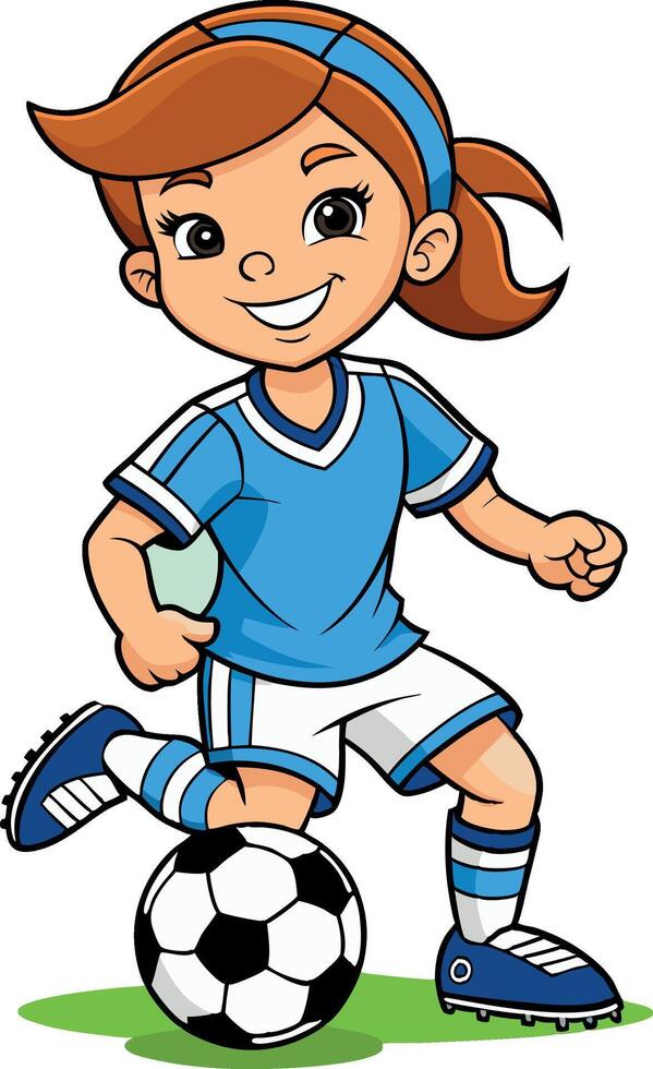 Smiling soccer player girl dribbling ball on field vector
