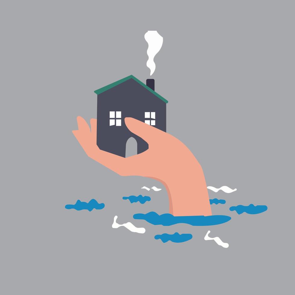 House insurance protection from disaster, safety and rescue from storm and flood, home care concept, big human hand helping house above flood water level protect from damage vector