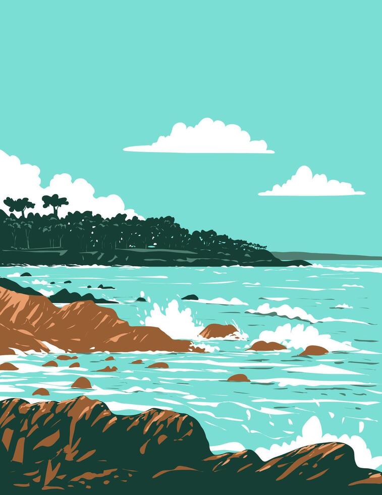Pebble Beach from 17 Mile Drive in Monterey California WPA Poster Art vector