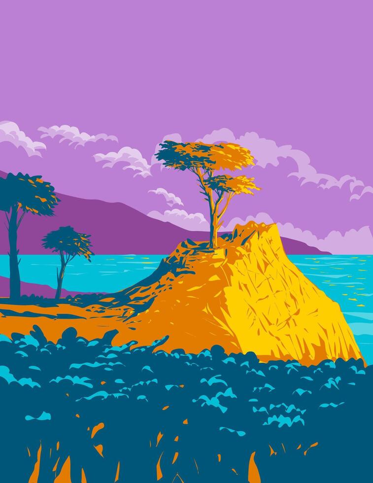 Lone Cypress on Pebble Beach in Monterey California WPA Poster Art vector