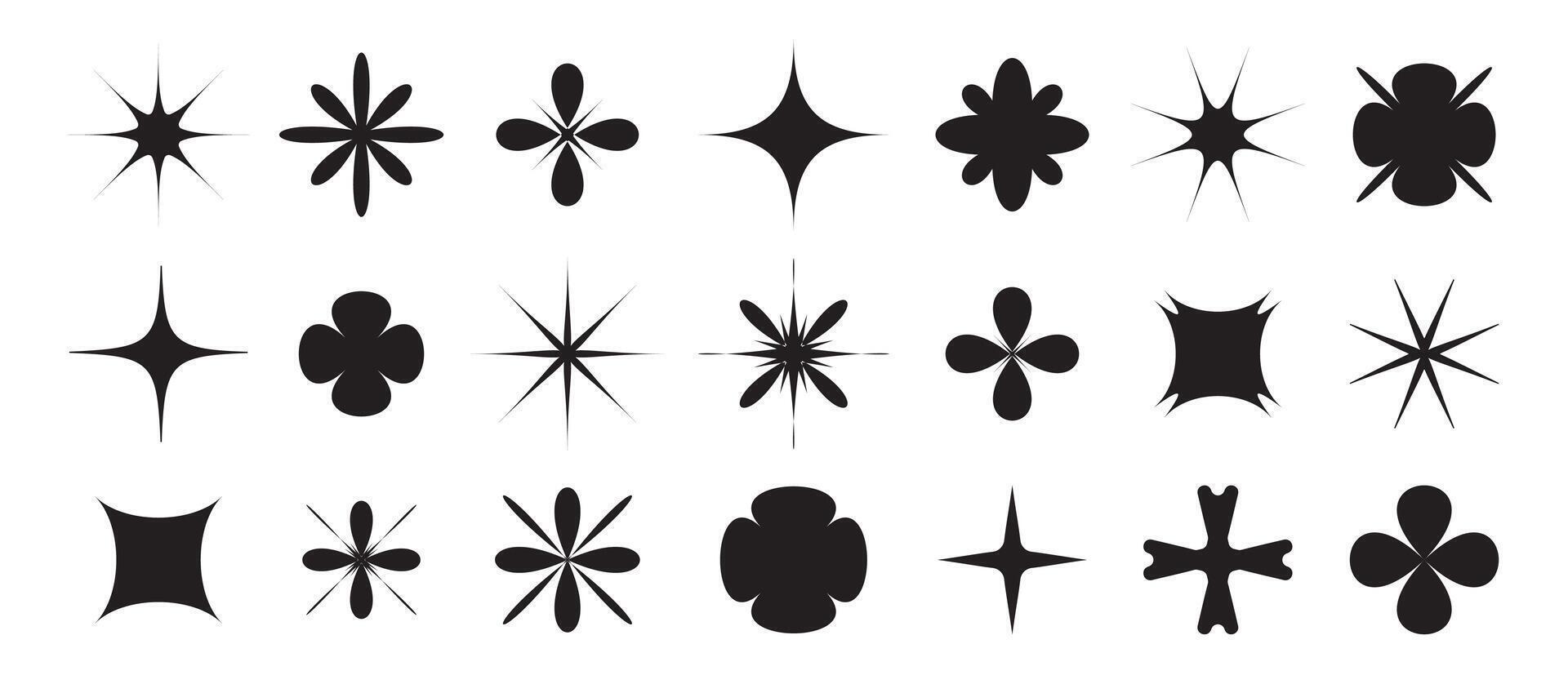 Black trendy shapes set in y2k retro futuristic style. star, flower, and sparkle forms as isolated design elements for a 2000s aesthetic on white background vector