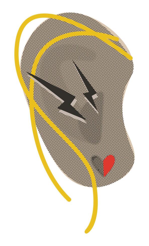 Ear with spaghetti, noodles on the ear, trendy y2k symbol of lie, halftone pop art psychedelic sign, retro sticker of fake news with newspaper effect, do not lie to me 90s grunge illustration vector
