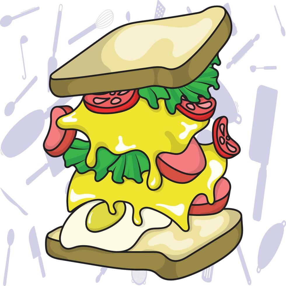 a sandwich with cheese, tomatoes and eggs on it vector