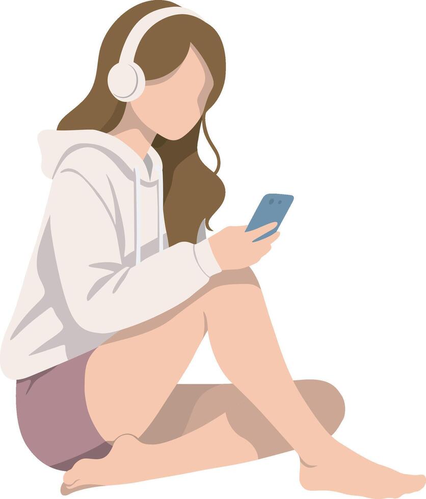 A Long Hair Woman Listen to Music on Phone. vector